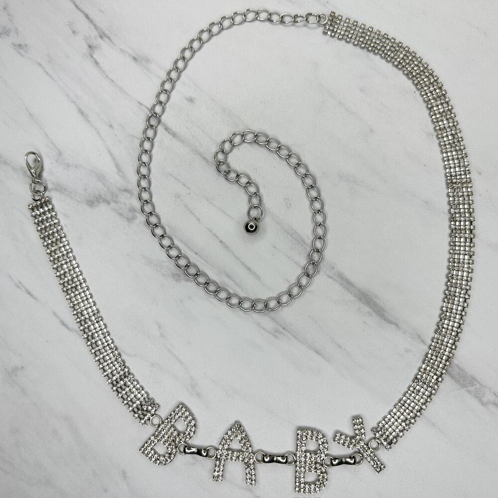 Rhinestone BABY Letter Chain Belt Silver Tone One Size (OS) Y2K Barbiecore ✨